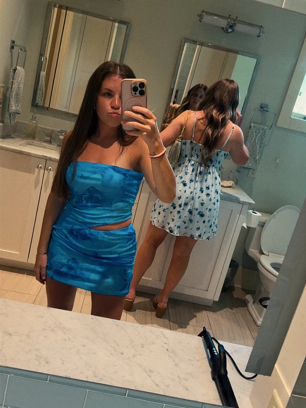 Blue Floral Two-Piece Tube Top and Mini Skirt Set